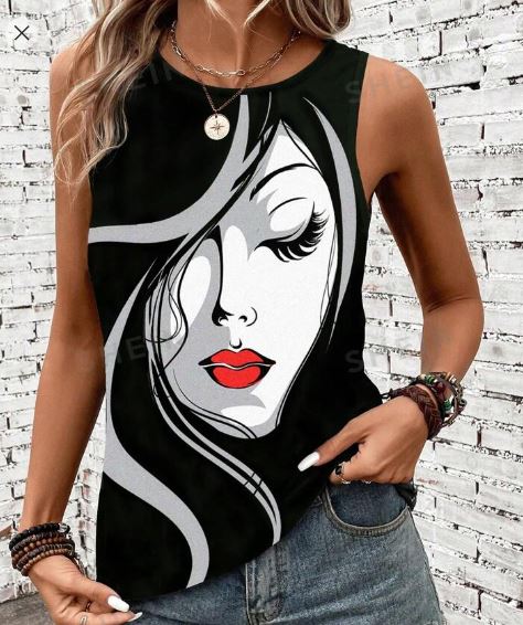 Shein Summer Abstract Face Printed Round Neck Tank Top /