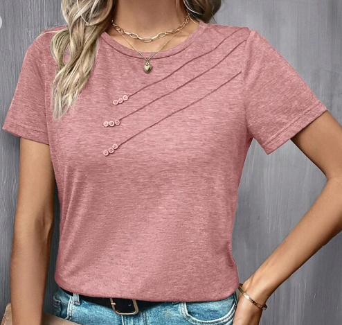 Shein Women's Casual Button Detail Round Neck T-Shirt, M +