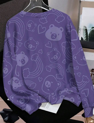 Shein Care Bears Women's Casual Purple Cloud, Star &Letter Print Sweatshirt, L +