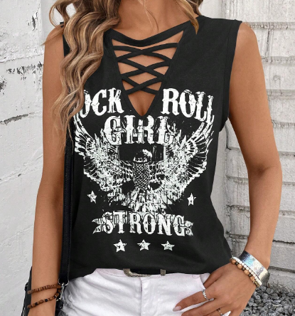 Shein Women's Cross V-Neck Printed Tank Top, M +