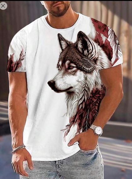 Shein Men's Summer Fashionable Wolf Printed Short Sleeve Tee, XL /