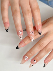 Shein 24pcs Long Almond Fake Nail, Cute France Flower Design -.