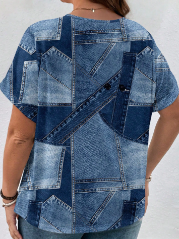 Shein Minimalist Denim Effect ,Plus Size Women V-Neck Short Sleeve T-Shirt>