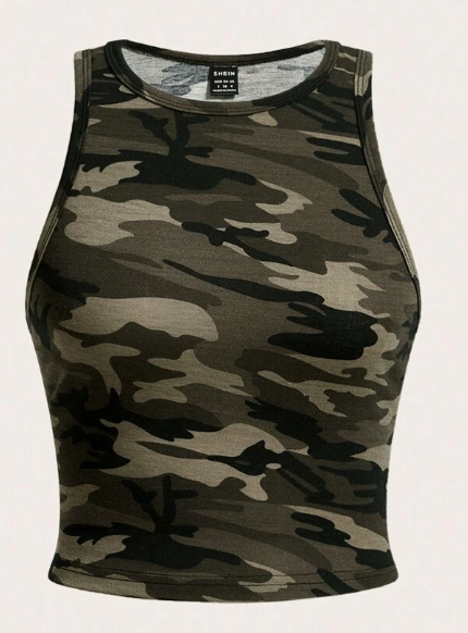 Shein Casual Minimalist Olive Green Camouflage Print Round Neck Fitted Summer Tank Top, M +