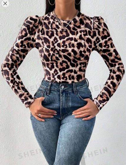 Shein Chic Leopard Print Ruffle Sleeve Fitted Long Sleeve T-Shirt, M /