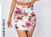 Shein Floral Print Split Hem Bodycon Skirt, XS +