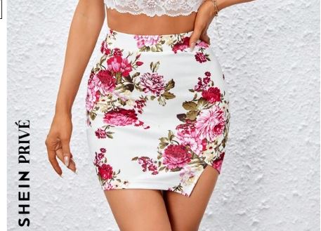 Shein Floral Print Split Hem Bodycon Skirt, XS +