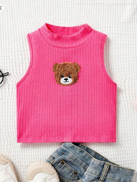 Shein Tween Girls' Knitted Ribbed Top With Cute Bear, 9T /