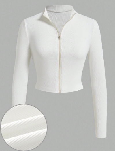 Shein Casual Front Zipper Slim Fit Long Sleeve Ribbed Fabric Thin Jacket, L-.