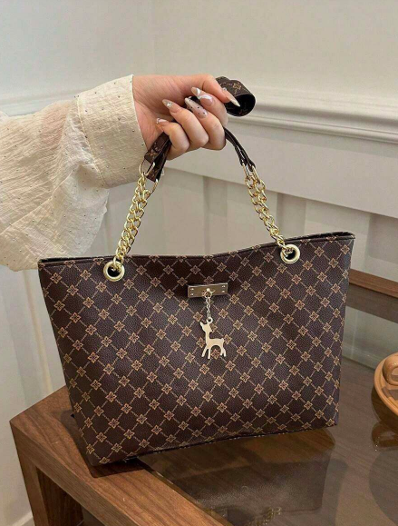 Shein Fashion Contrasting Geometric Pattern Chain Shoulder Bag +