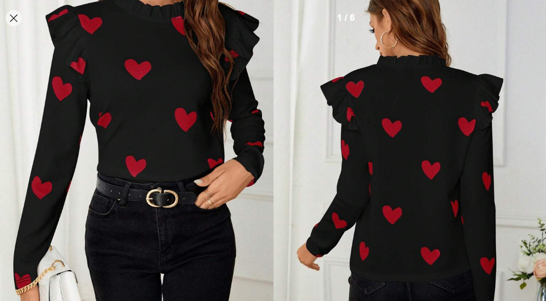 Shein Heart Print Ruffle Trim Tee Graphic T Shirt Black Top, L +