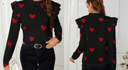 Shein Heart Print Ruffle Trim Tee Graphic T Shirt Black Top, L +