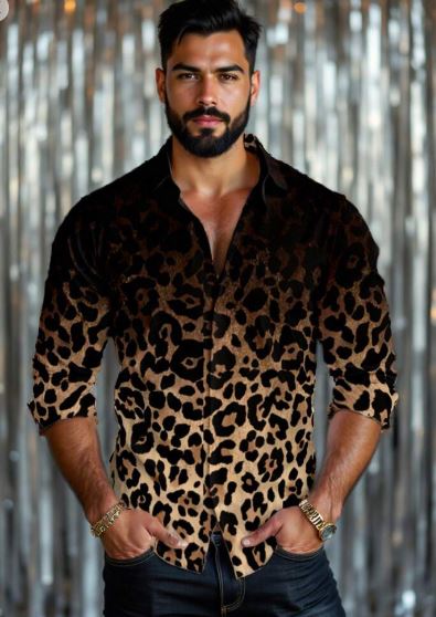 Shein Men's Leopard Print Button Front Long Sleeve Casual Shirt, M +