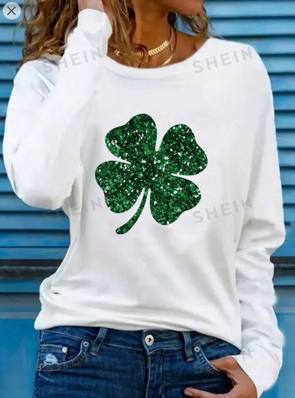 Shein Leisure Clover Print Long Sleeve T-Shirt /