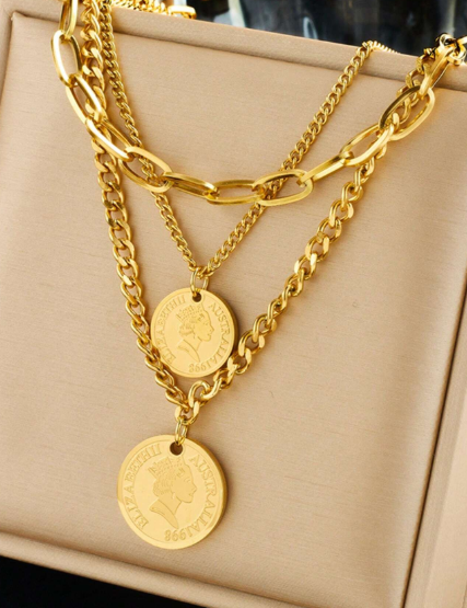 Shein 1pc Double Layer Stainless Steel Round Engraved Plated Necklace +