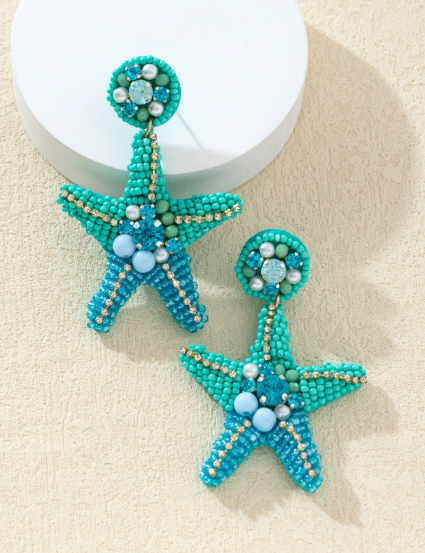 Shein Heavy-Duty Starfish Shaped Rice Bead &amp; Rhinestone Earrings>