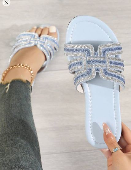 Shein Blue Bling-Bling Glitter Cute H-Style Open Toe Comfortable Sandals, Size: 43 +