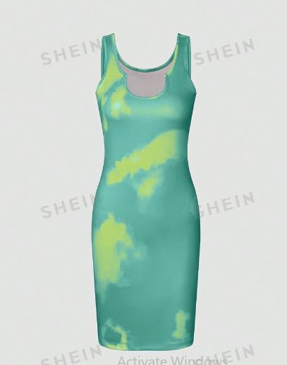 Shein Fashionable Tie-Dye Slim Fit Sleeveless Dress With Notch Neck, L /