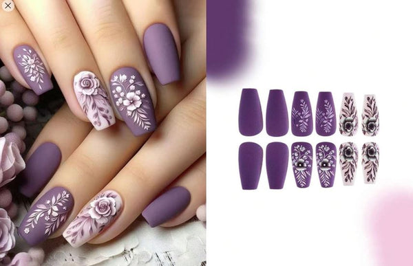 Shein Dark Purple Toned 3D Embossed Flower & Leaf Design Ballet Matte False Nails Set /