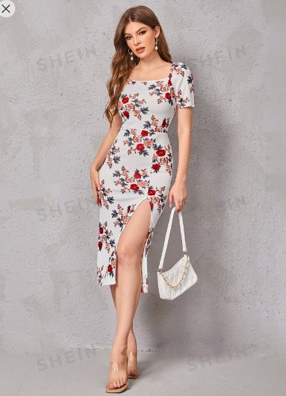 Shein Modely Floral Print Split Thigh Dress /