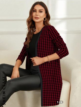 Shein Houndstooth Print Open Front Coat, L */