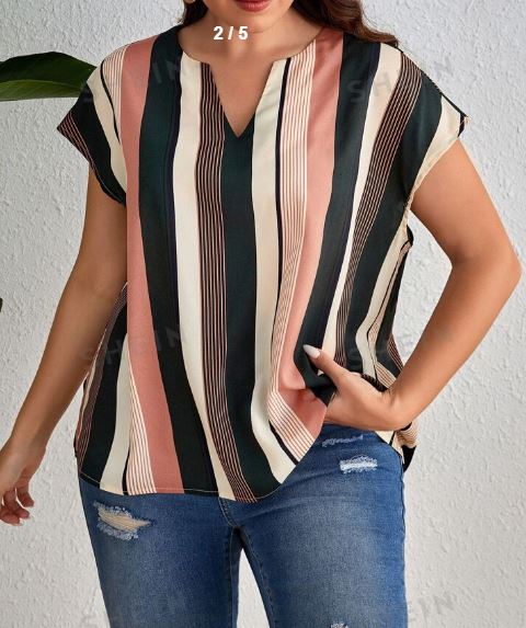 Shein Plus Striped Notched Neckline Batwing Sleeve Blouse, 1XL /