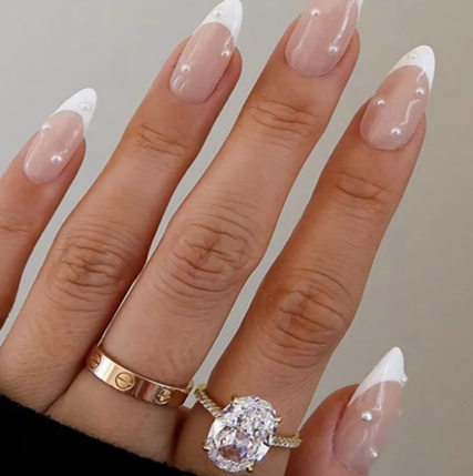 Shein 24Pcs French Artificial Nails Pearl Nails Press On Nails Almond Pink Stick On Nails>