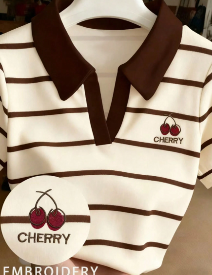 Shein Striped Print Letter Embroidery Casual Short Sleeve Top >