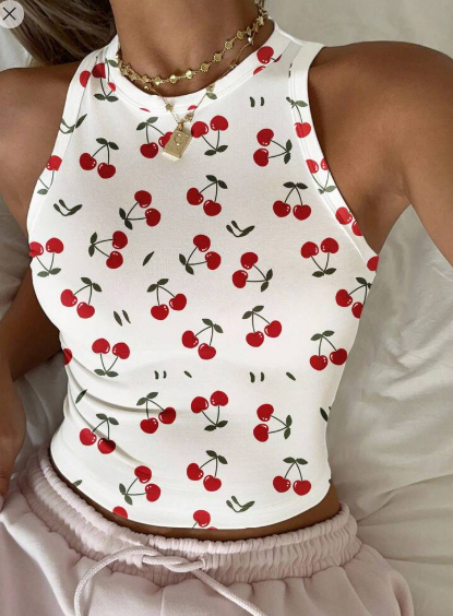 Shein Casual Minimalist Cherry Print Round Neck Slim-Fit Tank Top, XL +