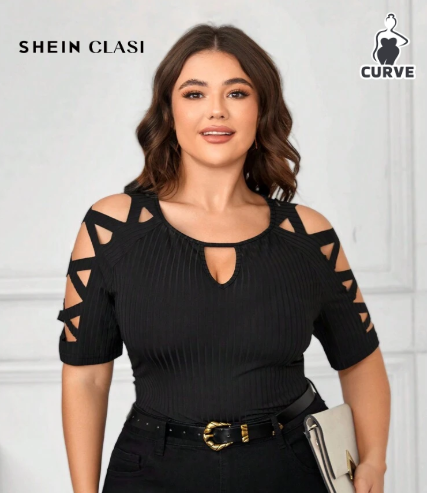 Shein Plus Size Hollow Raglan Sleeve T-Shirt, 0XL
