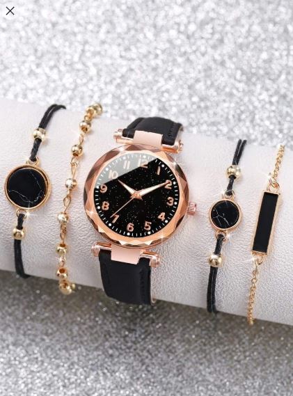 Shein 1pc PU Polyurethane Strap Fashionable Round Dial Quartz Watch & 4pcs Bracelet /