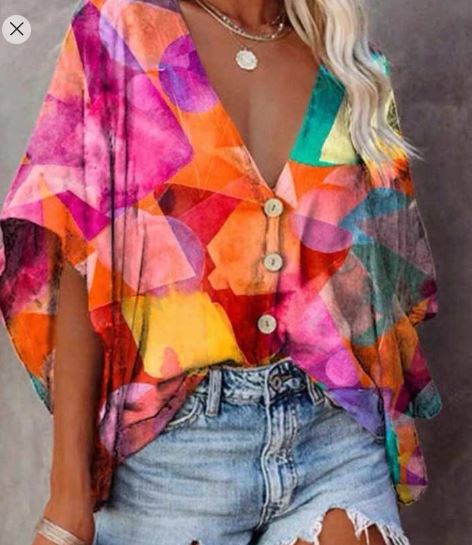 Shein V-Neck Batwing Sleeve Loose Fit Color Block Geometric Print Shirt, XL /