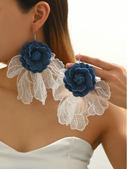 Shein 1 Pair Exaggerated Long 3D Denim Lace Flower Earrings >