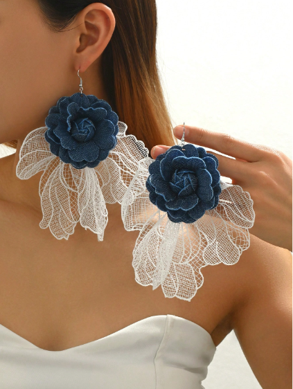 Shein 1 Pair Exaggerated Long 3D Denim Lace Flower Earrings >