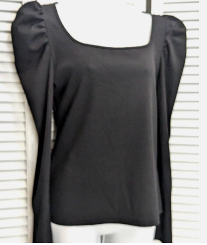Shein Square Neck Puff Sleeve Black Shirt Ribbed Knit Teee, M +
