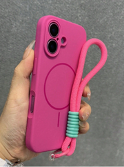 Pink Minimalist Magnetic Silicone Solid Color Matte Liquid Silicone Lanyard Style Phone Case 1pc With Short Lanyard>