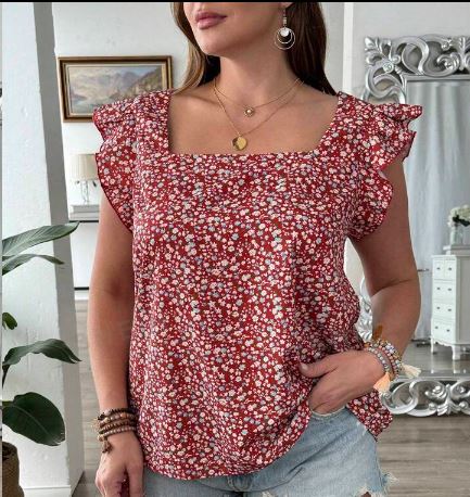 Shein Frenchy Plus Size Women Square Neck Floral Print Cap Sleeve Blouse, 1XL /