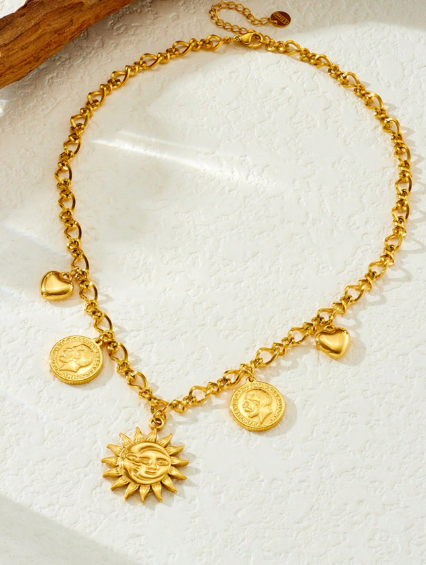 Shein 1pc Vintage Multi-Element Gold Plated Stainless Steel Necklace +