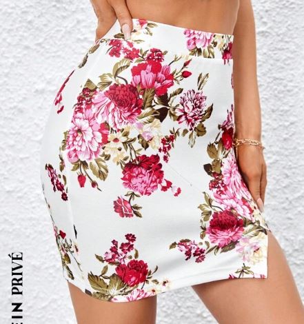 Shein Floral Print Split Hem Bodycon Skirt, XS +