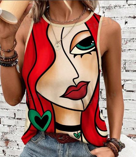 Shein Women's Summer Vacation Printed Tank Top With Face Print /