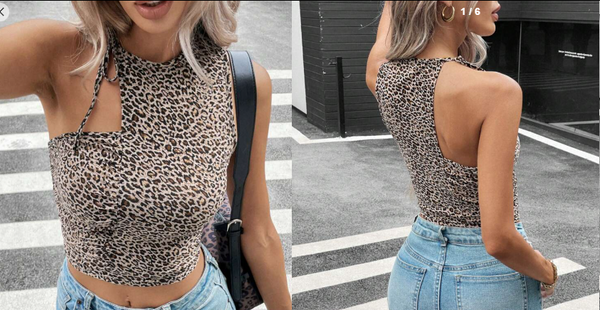 Shein Women's Leopard Print Sleeveless Stand Collar Casual Slim Fit Top, S +
