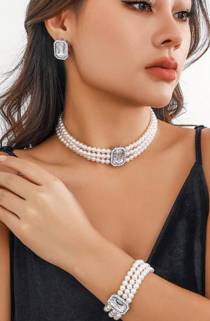 Shein 4pcs Rhinestone Inlaid Multilayer Faux Pearl Beaded Necklace & Bracelet, Earrings +