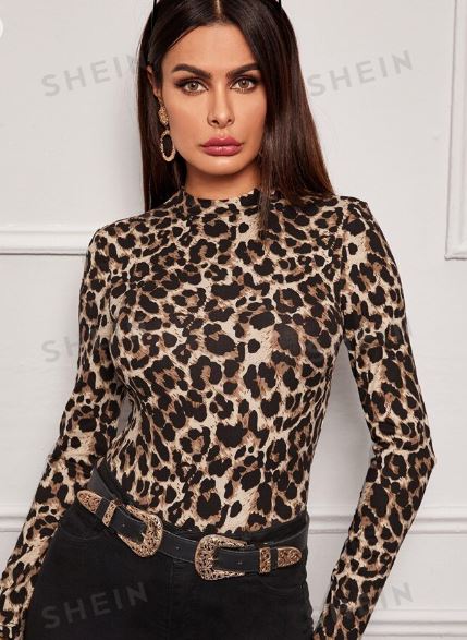 Shein Mock-Neck Form Fitted Leopard Tee +