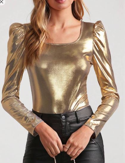 Shein Minimalist Puff Sleeve Party-Wear Metallic Thread T-Shirt, L +