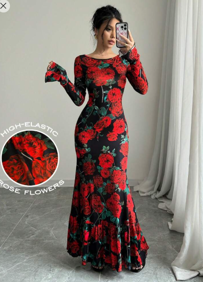 Shein Floral Print Round Neck Flare Sleeve Fishtail Hem Elegant Dress, XL +