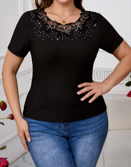 Shein Women's Embroidered Short Sleeve T-Shirt With Sparkling Rhinestone, XXL +
