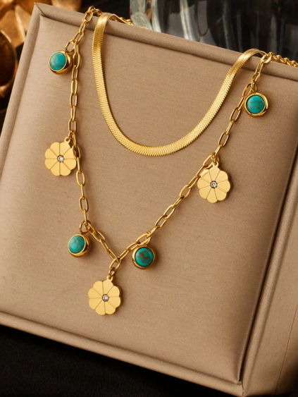 Shein 1pc Multi-Layered Titanium Steel Round Turquoise & Small Flower Decor Pendant Necklace