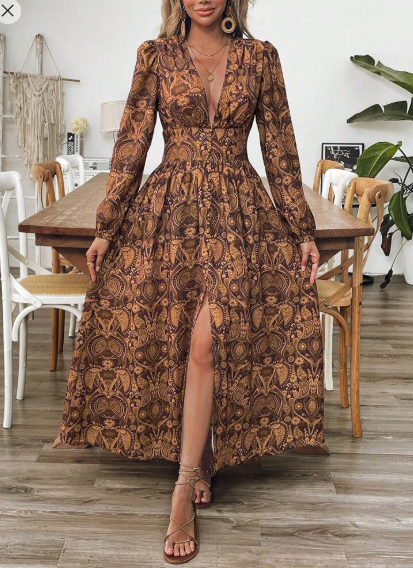 Shein Women's Deep V-Neck, High Slit, Long Sleeve, Elegant & Sexy Dress, XS +