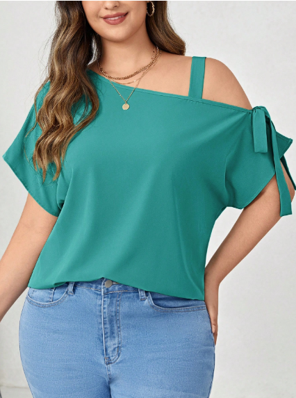 Shein Plus Size Solid Color Asymmetric Collar Short Sleeve Shirt,+