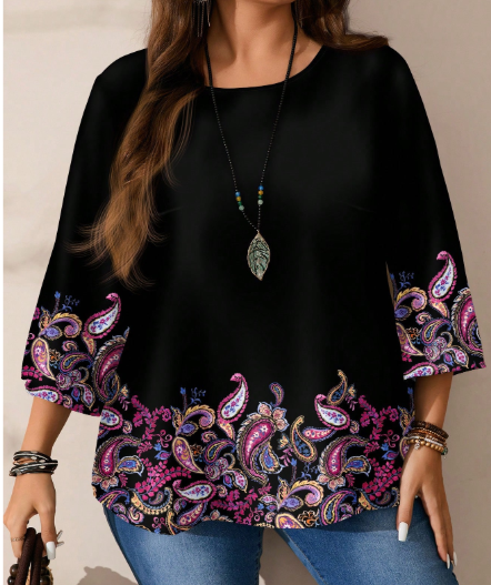 Shein Plus Size Versatile Paisley Print Full Coverage Round Neck Loose 3/4 Sleeve Blouse, 3XL+